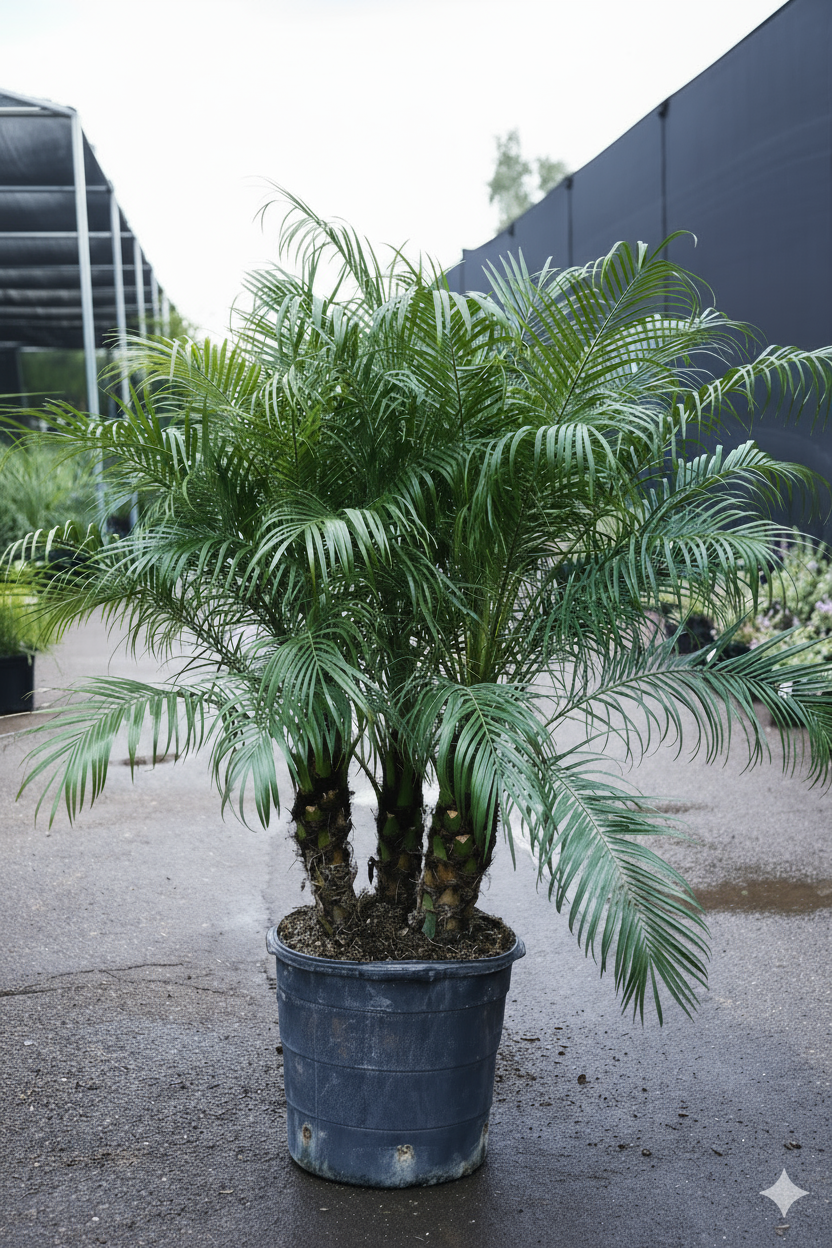 15 Gallon Pygmy Date Palm - Potted palm tree on a concrete surface with a building in the background