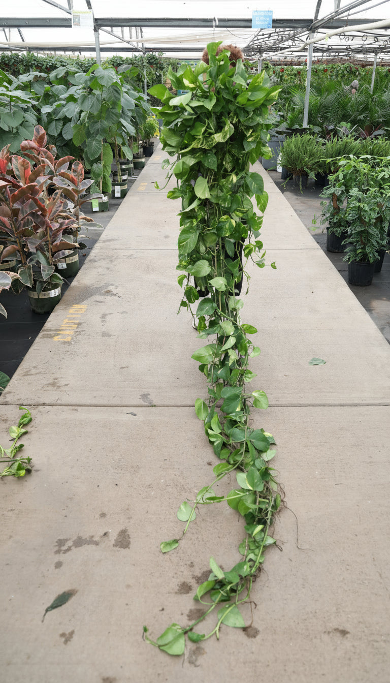 Pothos Green leafy plants on a concrete surface with a greenhouse in the background